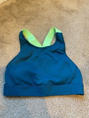 Athleta Women’s High-Neck Teal Sports Bra with Lime Straps